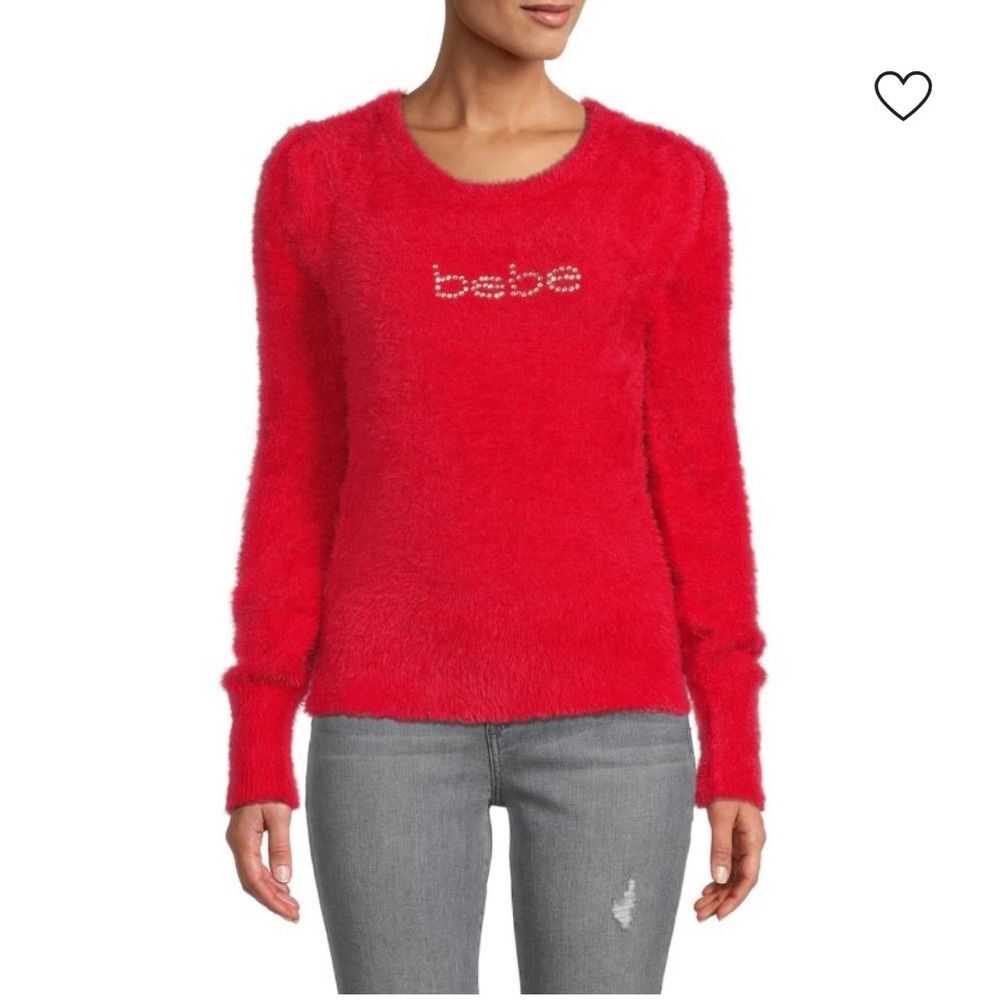 Bebe Women's Red Sweater Medium Bling rhinestones long sleeve crewneck pullover